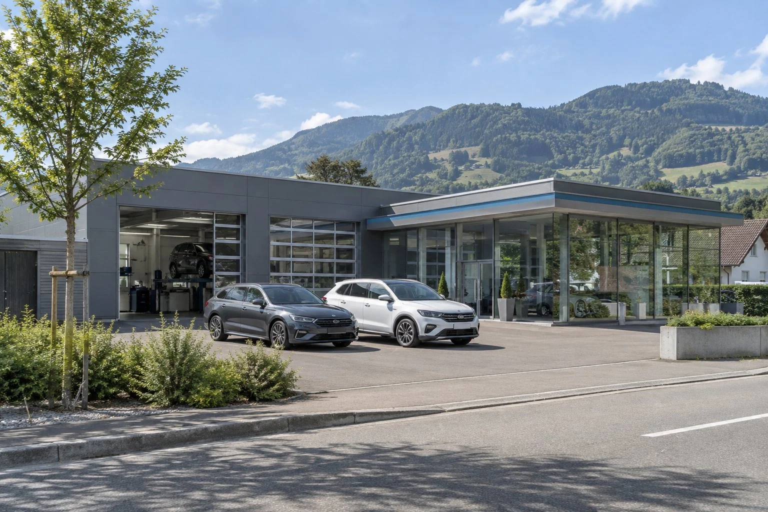 Moderne Garage mit Showroom und Fahrzeugen vor dem Gebäude