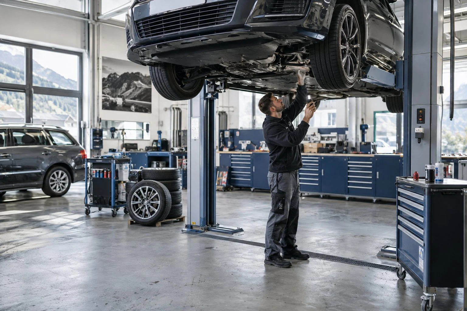 Saubere Werkstatt mit Hebebühne und Mechaniker